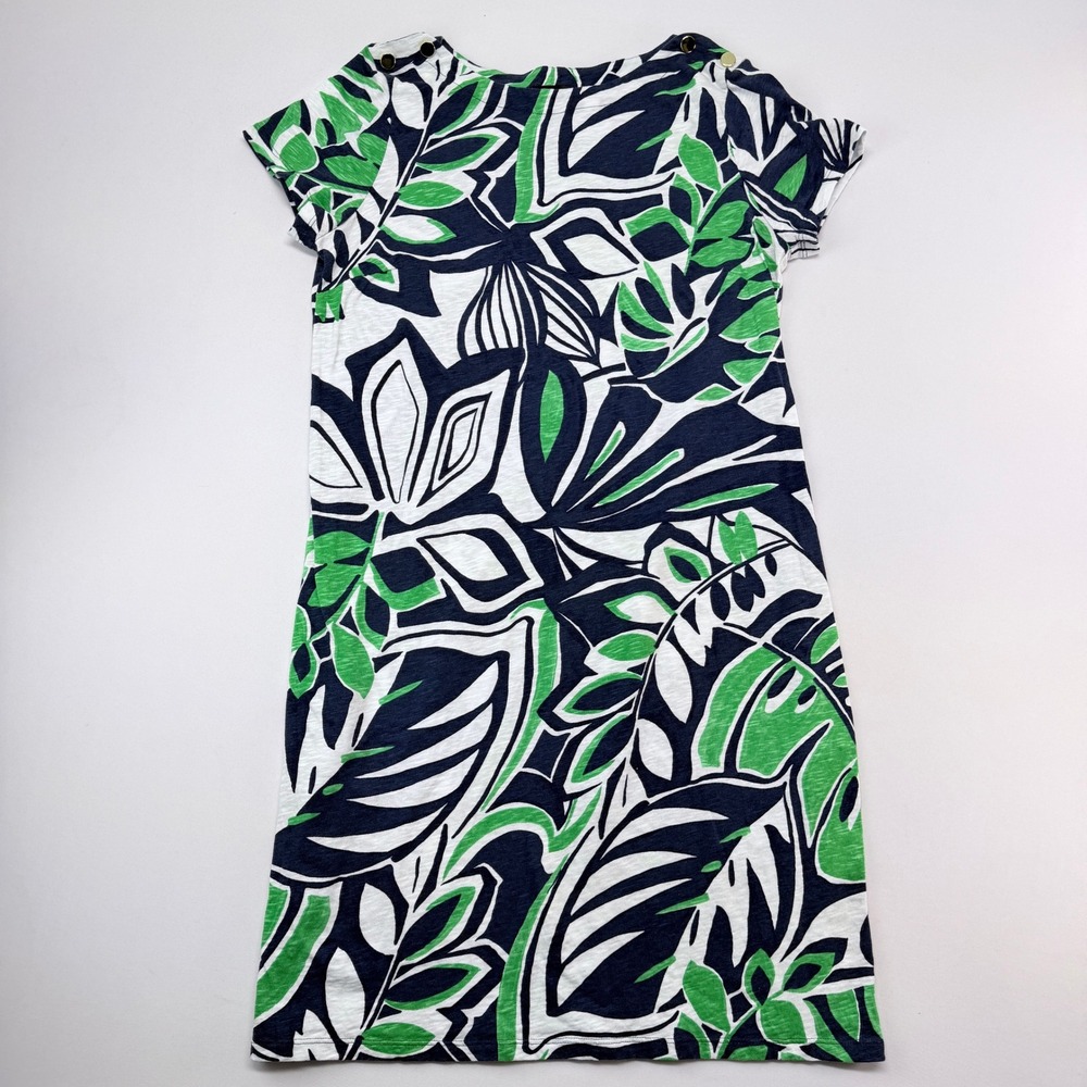 Talbots Cotton Slub JerseTropical Leaf Print Shift Dress Navy Green Gold Button